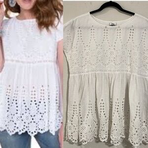 Ivy Jane Anthropologie Women LRG Babydoll Tunic White 100% Cotton Floral Eyelet